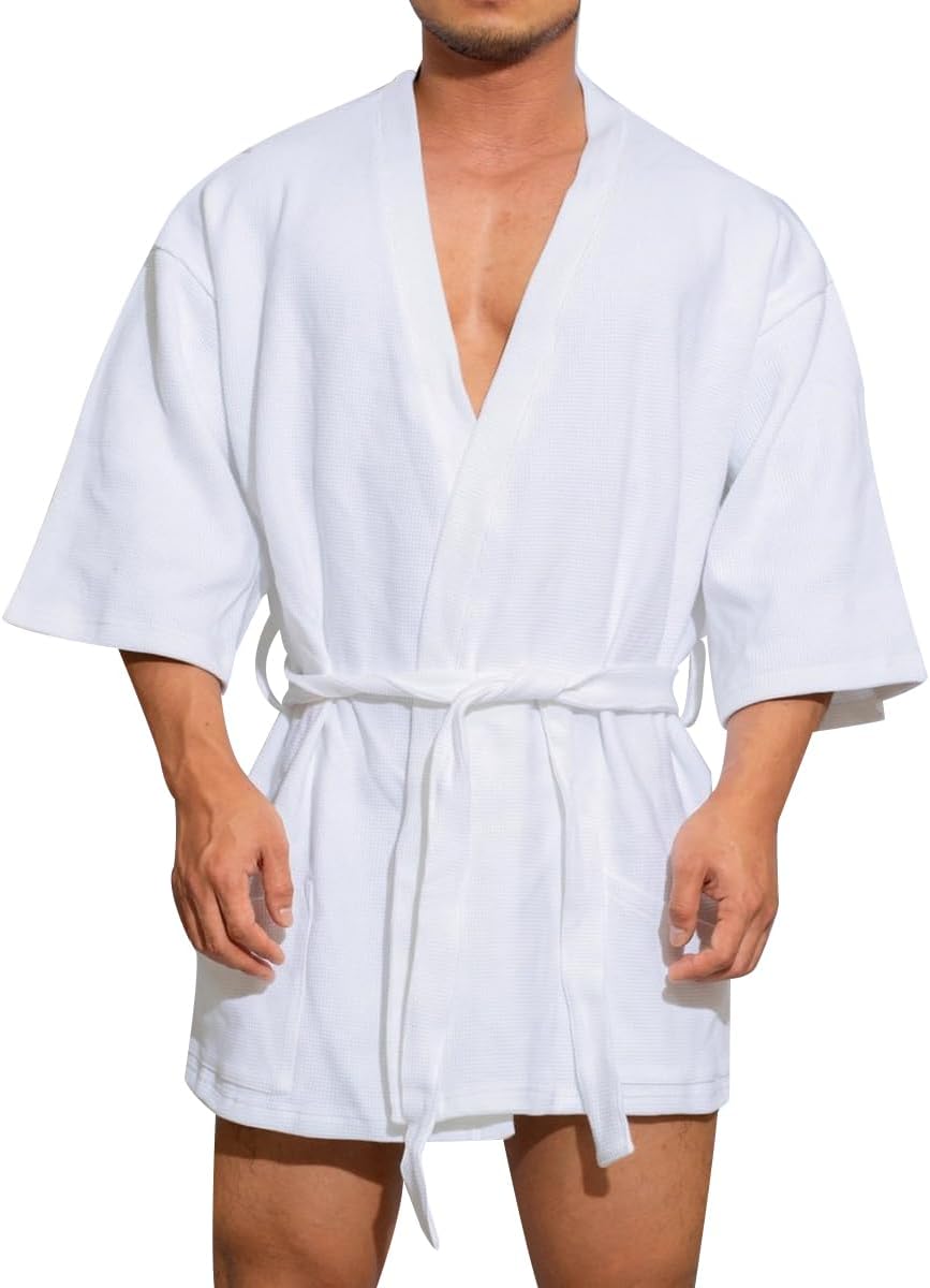 KISSQIQI Men's Cotton Robe Short Lightweight Bathrobe 3/4 Sleeve Loungewear