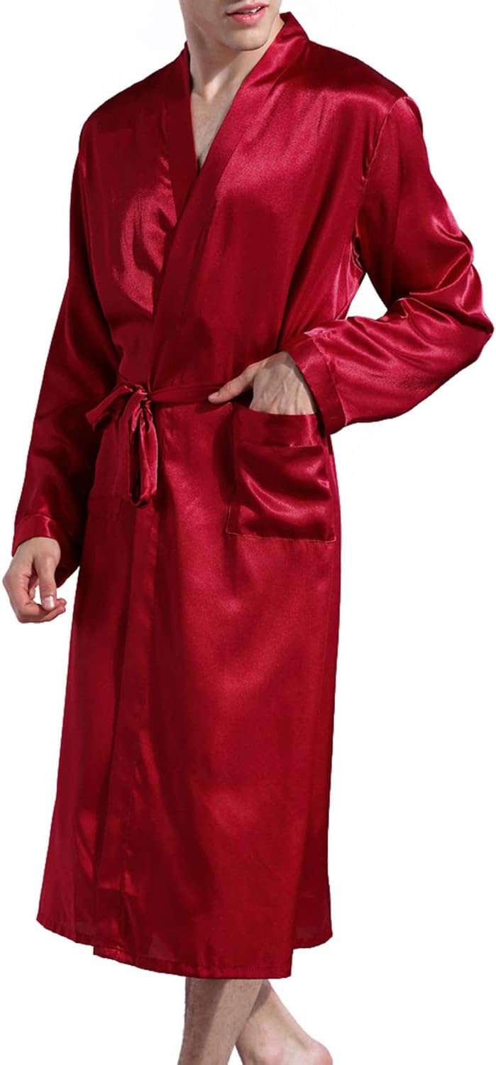 Previn Men's Satin Kimono Robe Long Spa Bathrobes Luxurious Silk Long Sleeve Loungewear