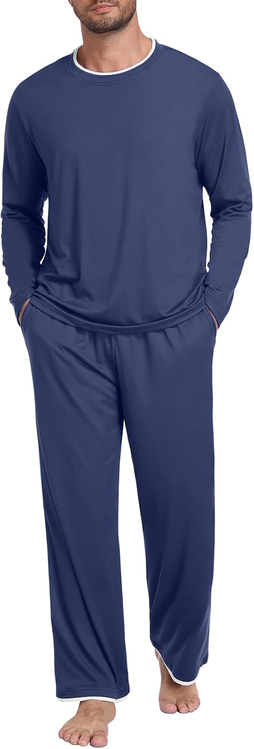 Mens Pajama Set Long Sleeve Pjs Lightweight Sleepwear with Pocket