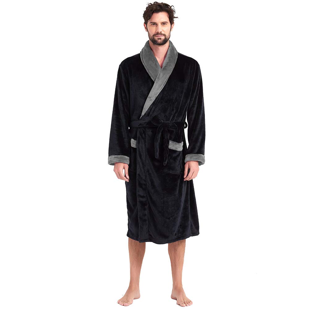 HOLOVE Mens Fleece Hooded Robe Plush Collar Shawl Bathrobe Soft Warm Long Sleeve