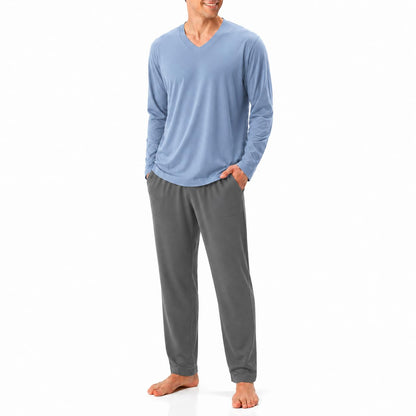 DAVID ARCHY Men's Cotton Pajama Set, Soft V-Neck Long Sleeve PJs