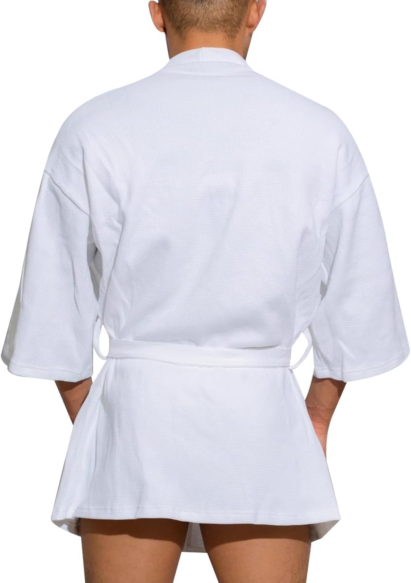 KISSQIQI Men's Cotton Robe Short Lightweight Bathrobe 3/4 Sleeve Loungewear