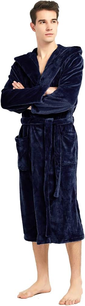 HOLOVE Mens Fleece Hooded Robe Plush Collar Shawl Bathrobe Soft Warm Long Sleeve