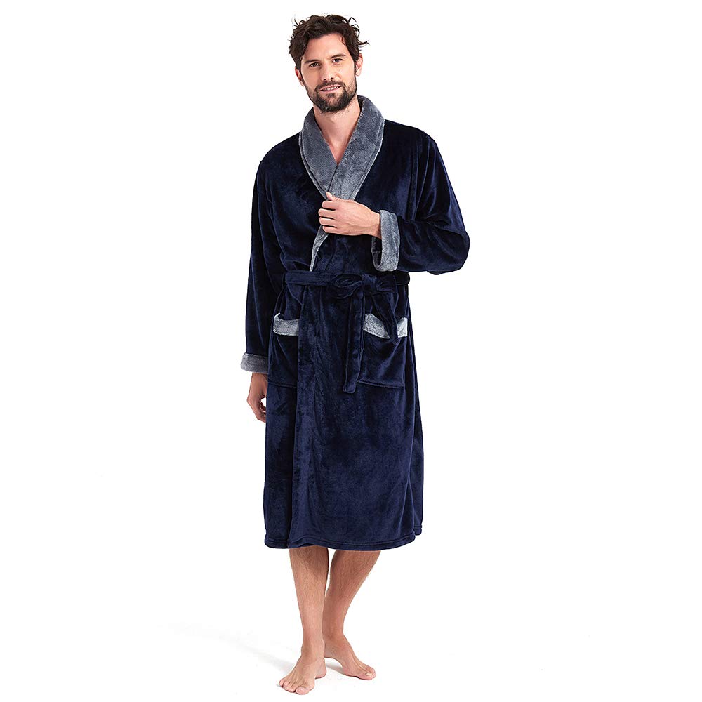 HOLOVE Mens Fleece Hooded Robe Plush Collar Shawl Bathrobe Soft Warm Long Sleeve