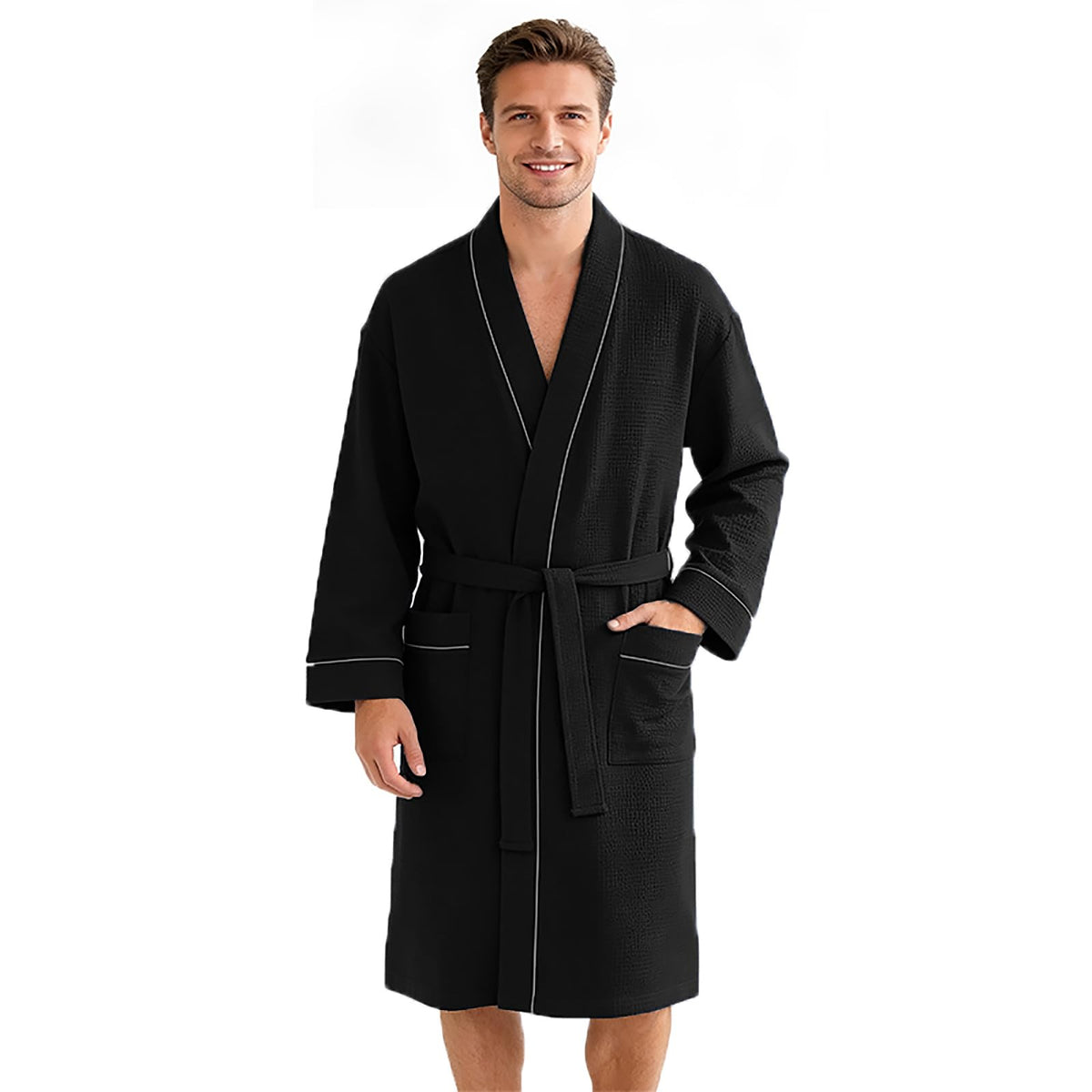 Inner Wish men's Cotton Waffle Kimono Robe, Lightweight Soft Spa Shower Bathrobe, Hotel Lounge Robes for Men