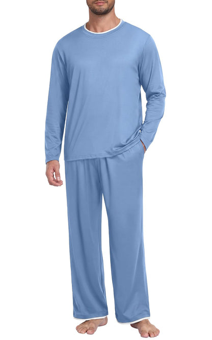 Mens Pajama Set Long Sleeve Pjs Lightweight Sleepwear with Pocket