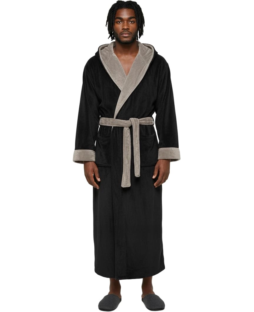 Men's Plush Fleece Hooded Robe with Pockets, Long Bathrobe