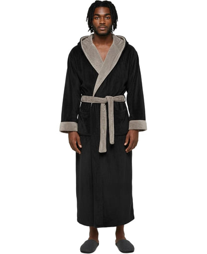 Men's Plush Fleece Hooded Robe with Pockets, Long Bathrobe