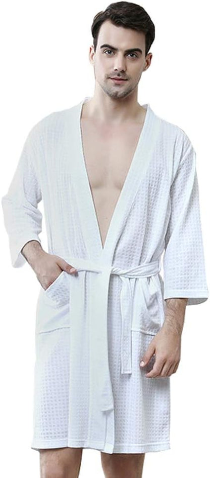 Rojeam Men's Kimono Waffle Robe Unisex Lightweight Soft Knee Length Spa Bathrobe Sleepwear with Pockets