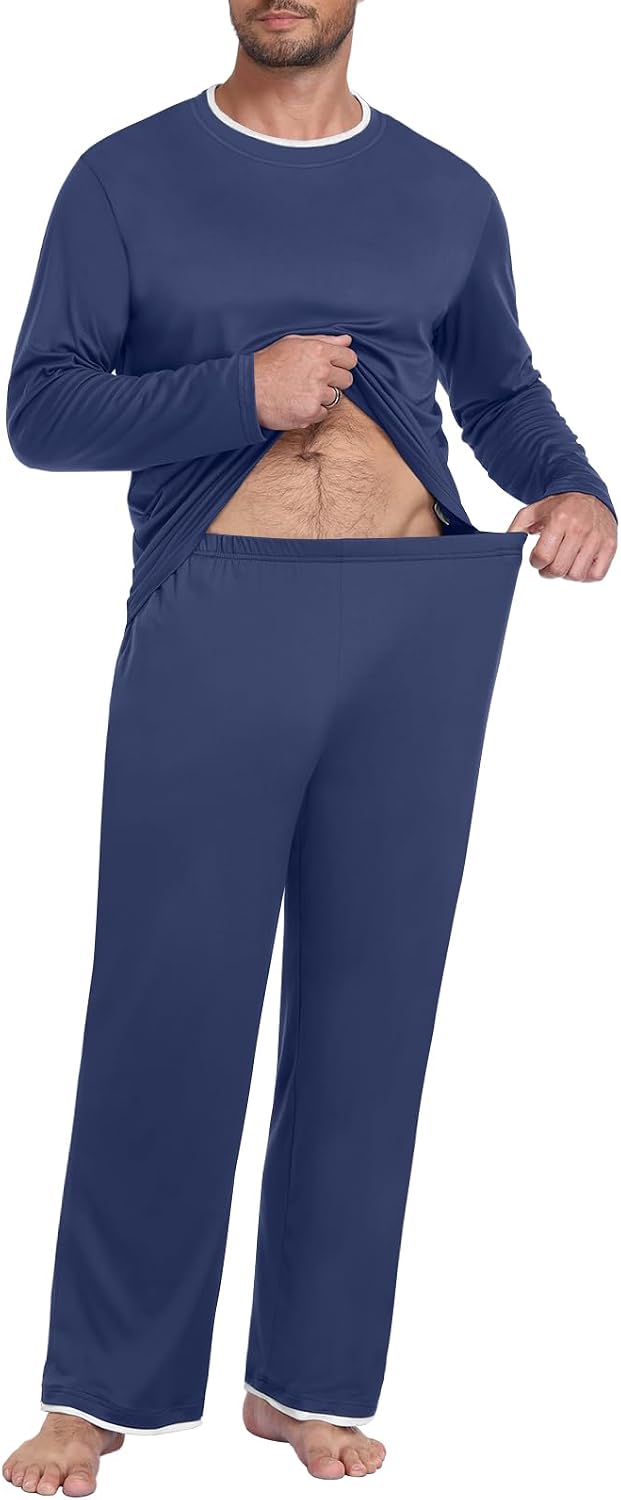 Mens Pajama Set Long Sleeve Pjs Lightweight Sleepwear with Pocket