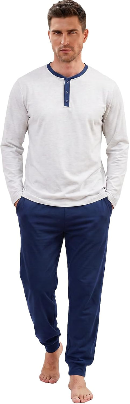 Yimoon Mens Pajama Set 100% Cotton Henley Sleepwear