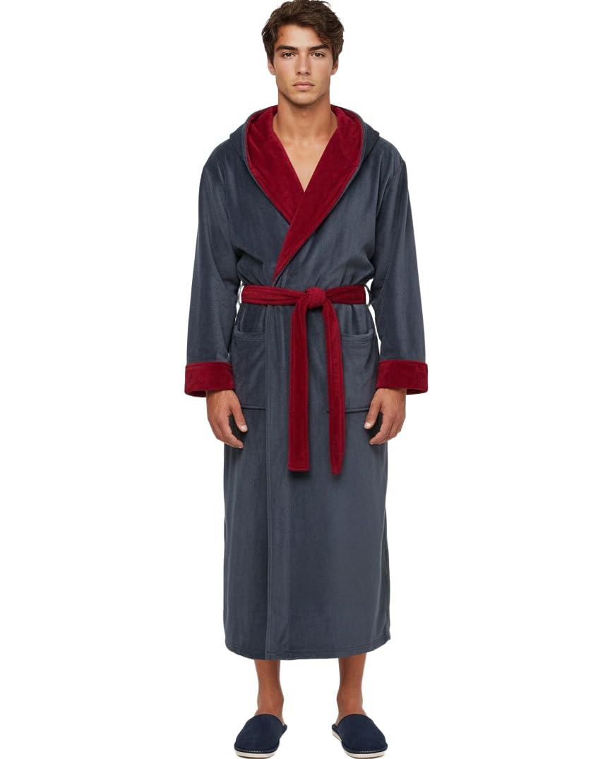 Men's Plush Fleece Hooded Robe with Pockets, Long Bathrobe