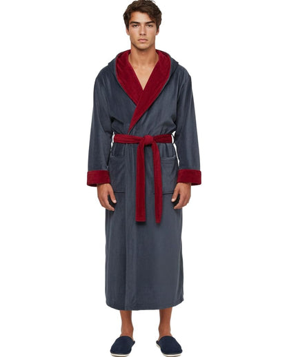 Men's Plush Fleece Hooded Robe with Pockets, Long Bathrobe