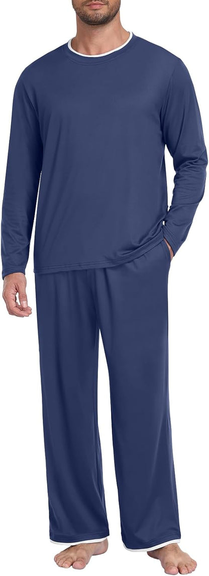 Mens Pajama Set Long Sleeve Pjs Lightweight Sleepwear with Pocket