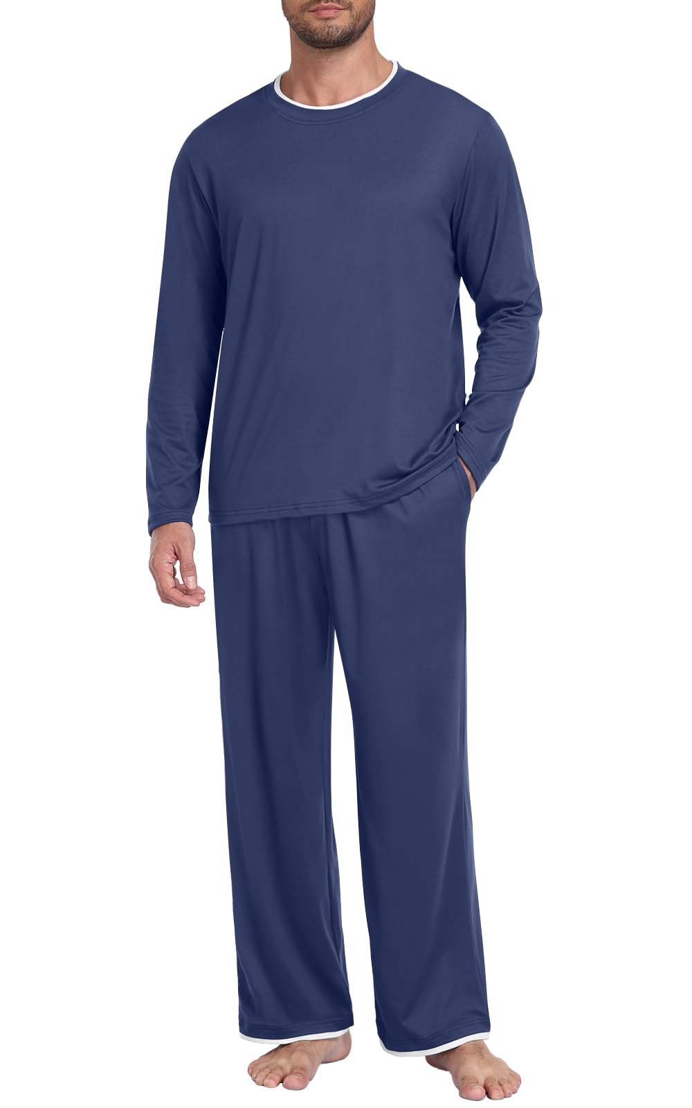 Mens Pajama Set Long Sleeve Pjs Lightweight Sleepwear with Pocket