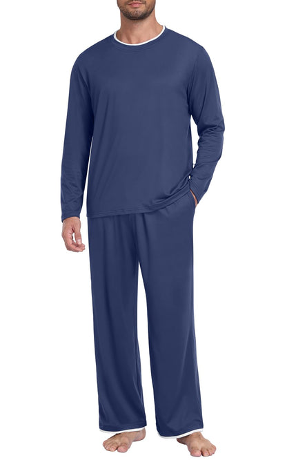 Mens Pajama Set Long Sleeve Pjs Lightweight Sleepwear with Pocket