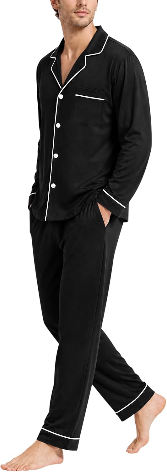SWOMOG Mens 100% Cotton Pajama Sets, Soft Long Sleeve Sleepwear Pjs Sets