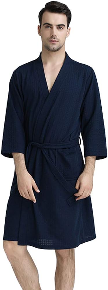 Rojeam Men's Kimono Waffle Robe Unisex Lightweight Soft Knee Length Spa Bathrobe Sleepwear with Pockets