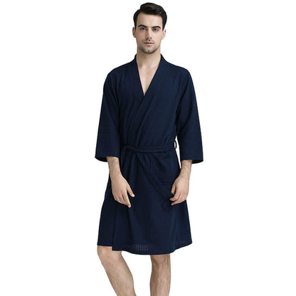 Rojeam Men's Kimono Waffle Robe Unisex Lightweight Soft Knee Length Spa Bathrobe Sleepwear with Pockets