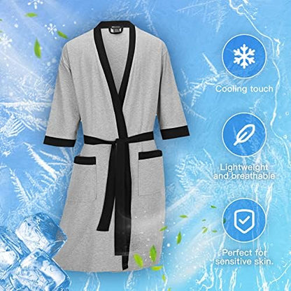 FashGudim Mens 100% Cotton Robe Lightweight Summer Bathrobe Soft Weave Kimono Bath Robe
