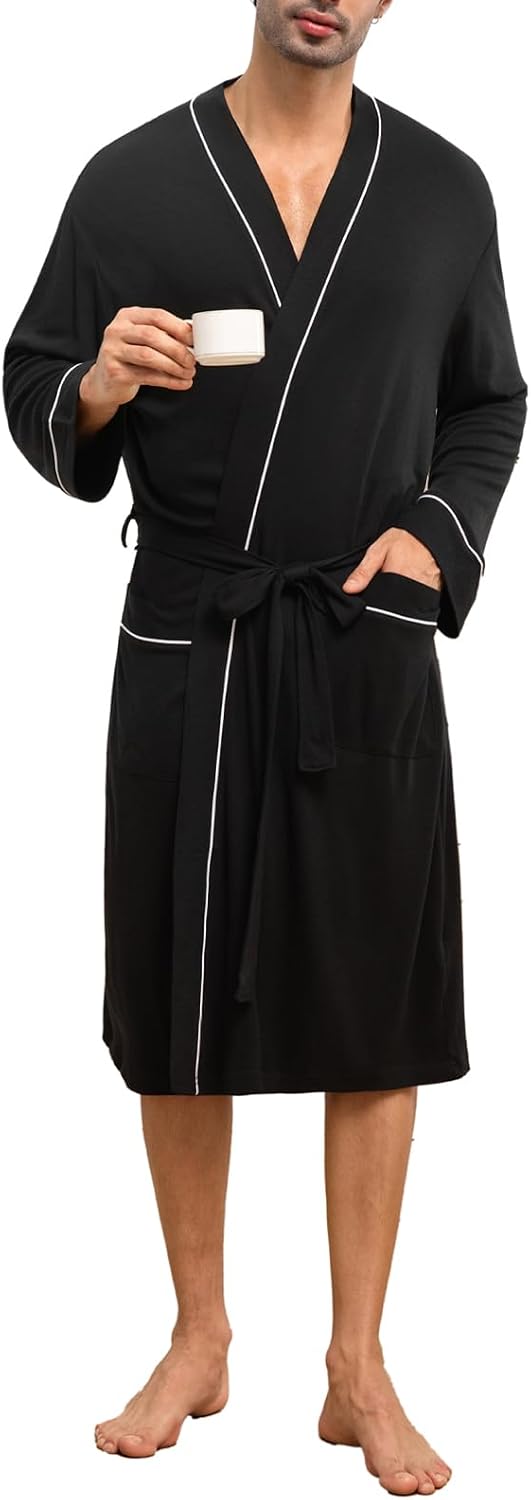 Mens Lightweight Robe Cotton Blend Kimono Bathrobe with Pockets, Soft Breathable Absorbent Loungewear for Home