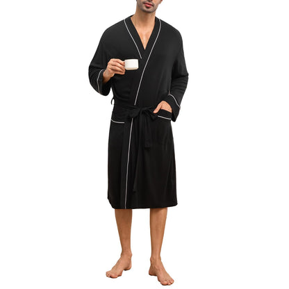 Mens Lightweight Robe Cotton Blend Kimono Bathrobe with Pockets, Soft Breathable Absorbent Loungewear for Home