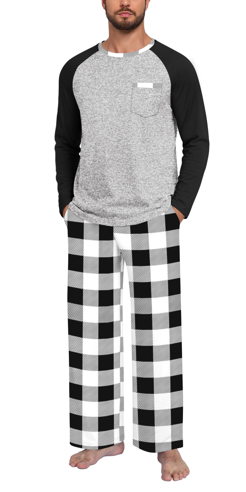 Anyhold Mens Pajamas Set Fall Long Sleeve Matching Couple Pjs Pocket