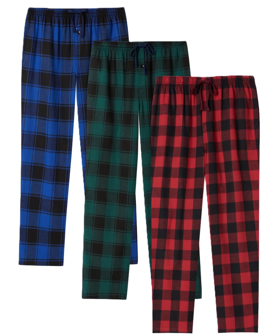 JupiterSecret Mens Pajama Pants Set Flannel Cotton Sleep & Lounge Pants 3 Pack, PJ Bottoms with Pockets and Button Fly
