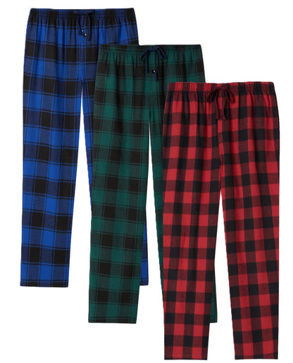 JupiterSecret Mens Pajama Pants Set Flannel Cotton Sleep & Lounge Pants 3 Pack, PJ Bottoms with Pockets and Button Fly