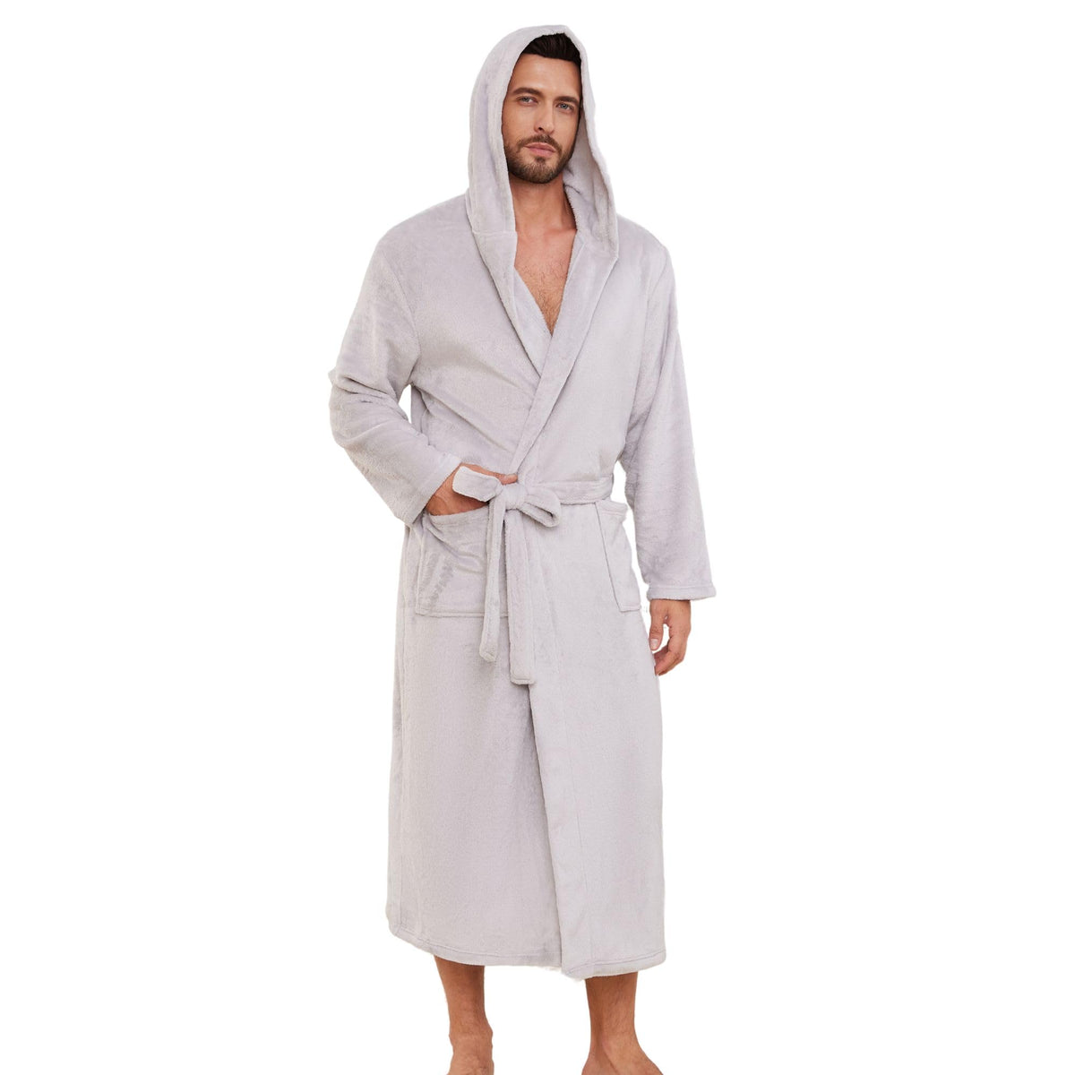 Men's Hooded Robe, Soft Warm Fleece Long Bathrobe with Pockets