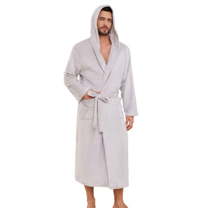 Men's Hooded Robe, Soft Warm Fleece Long Bathrobe with Pockets