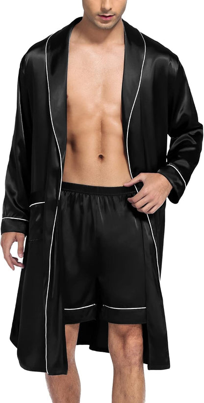 SWOMOG Men's Satin Robe Silky Kimono Bathrobe with Shorts Set Lightweight Soft Loungewear Nightwear