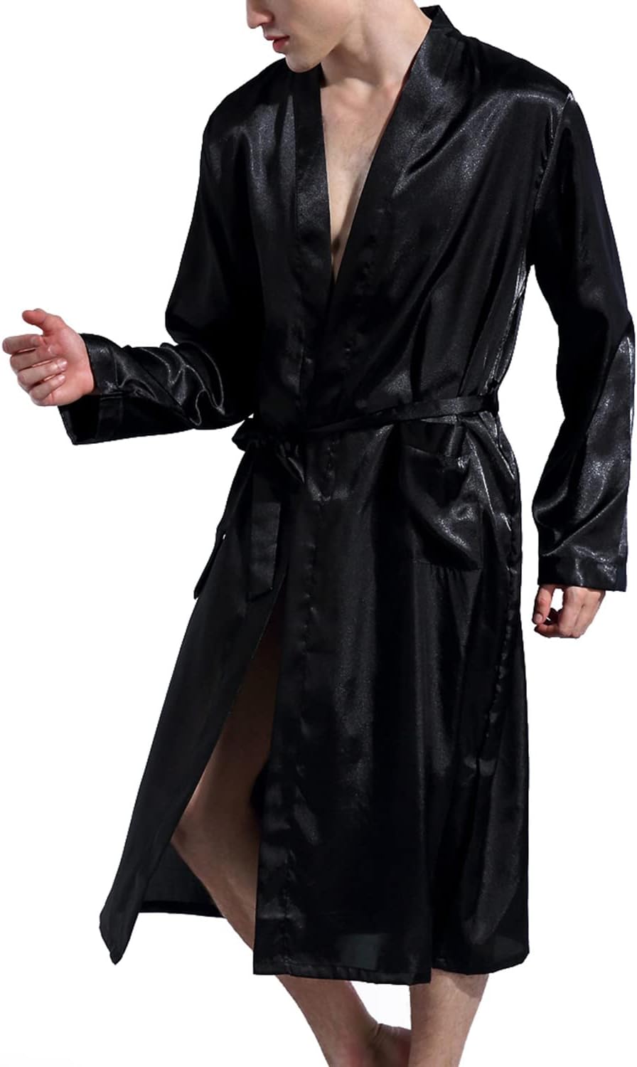 Previn Men's Satin Kimono Robe Long Spa Bathrobes Luxurious Silk Long Sleeve Loungewear