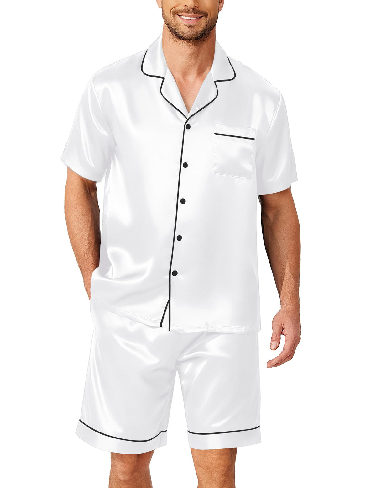 Ekouaer Mens Pajamas Set Silk Satin Pjs Short Sleeve Button Up Lounge Sets