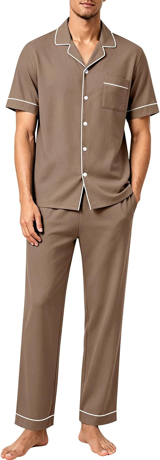 SWOMOG 100% Cotton Men Pajamas Set Button Down Short Sleeve Sleepwear Loungewear Pjs Set with Pockets