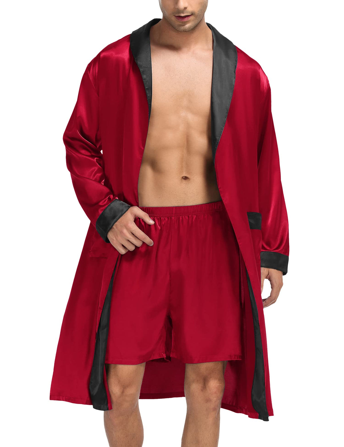 SWOMOG Men's Satin Robe with Shorts Set Silky Kimono Bathrobe Lightweight Soft Sleepwear
