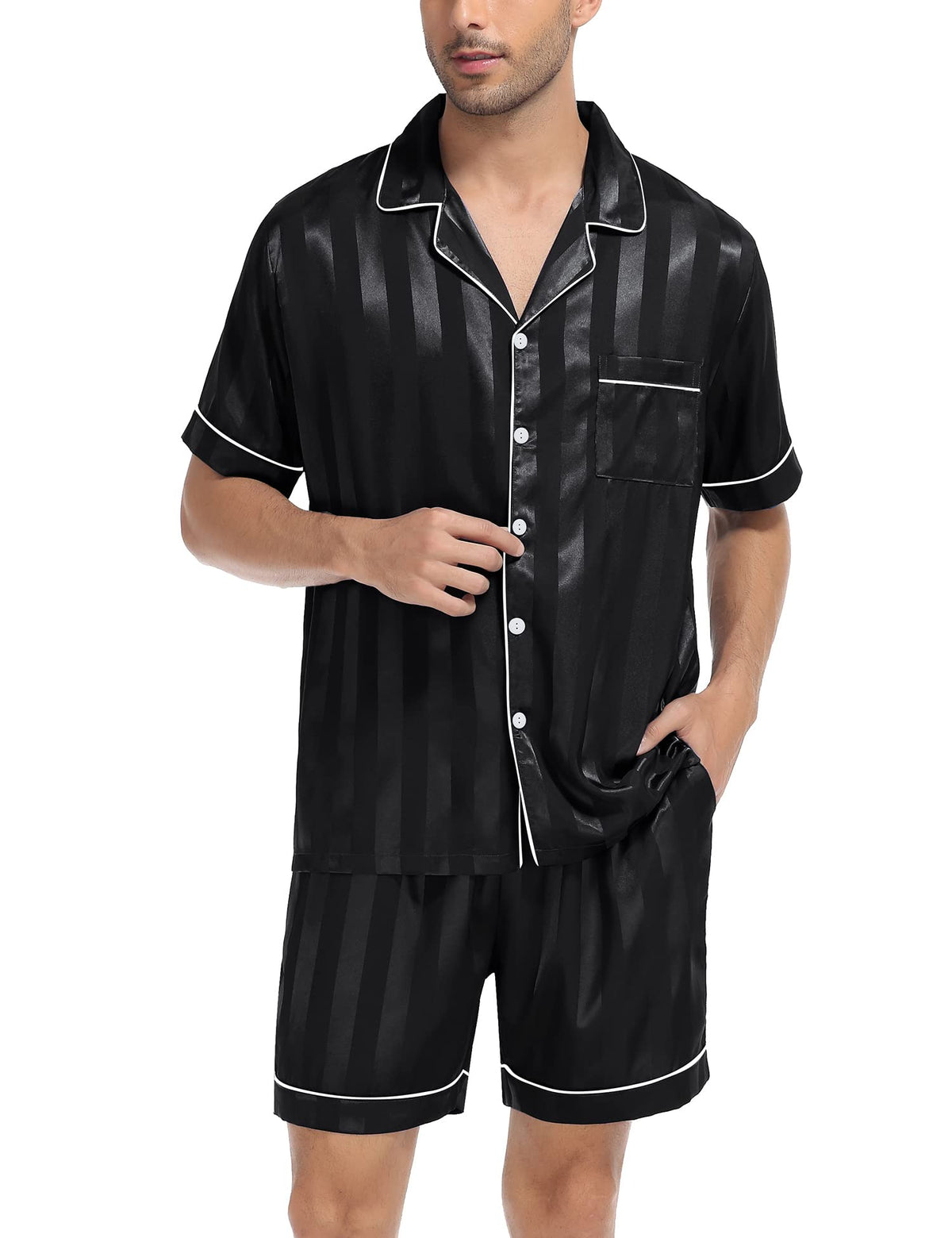 SWOMOG Men Satin Silk Pajamas Sets Short Sleeve Sleepwear Button-Down PJs Sets Two-Pieces Loungewear with Pockets