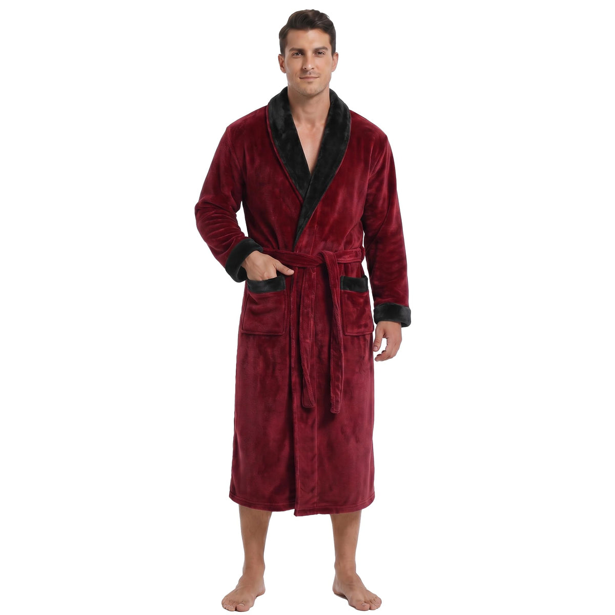 Vulcanodon Mens Robe Plush Fleece Shawl Collar Bathrobe Warm Soft Cozy Lounge Robe with Pockets