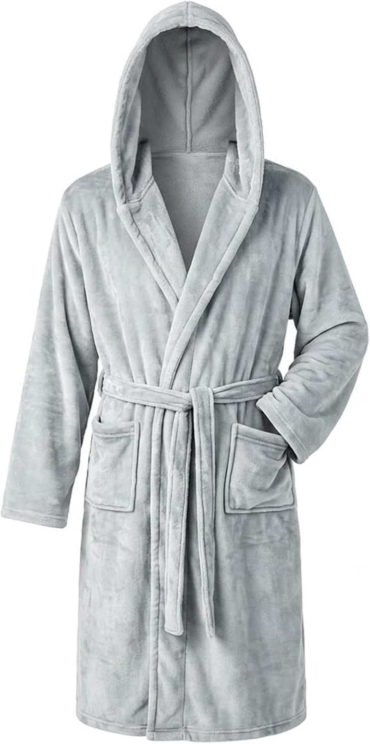 Men's Hooded Plush Fleece Bathrobe, Soft Warm Quick Dry Water Absorbent Spa House Coat Nightgown with Pockets