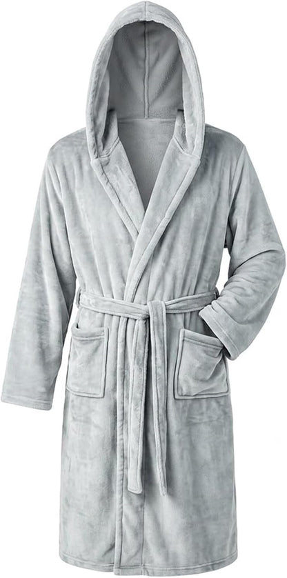 Men's Hooded Plush Fleece Bathrobe, Soft Warm Quick Dry Water Absorbent Spa House Coat Nightgown with Pockets