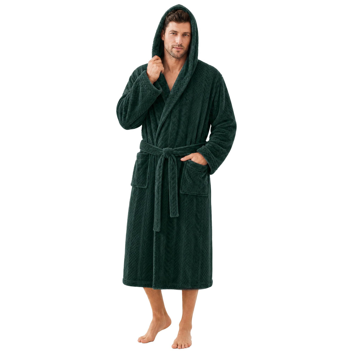 Mens Hooded Plush Robe, Ultra Soft Bathrobe for Men, Warm Cozy Fleece Robe with Pockets