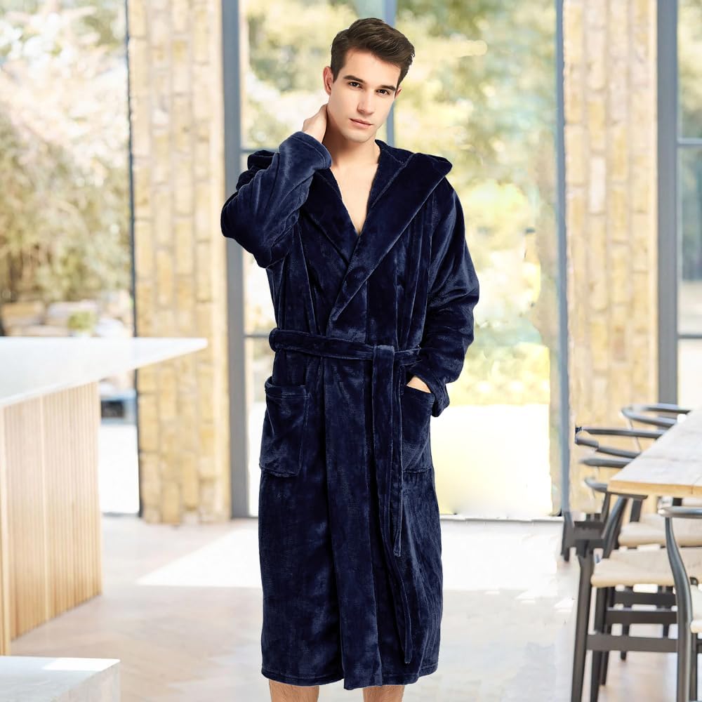 HOLOVE Mens Fleece Hooded Robe Plush Collar Shawl Bathrobe Soft Warm Long Sleeve