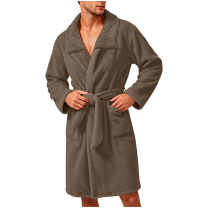 Robe for Men Fuzzy Fleece Collared Long Sleeve Thermal Bathrobe