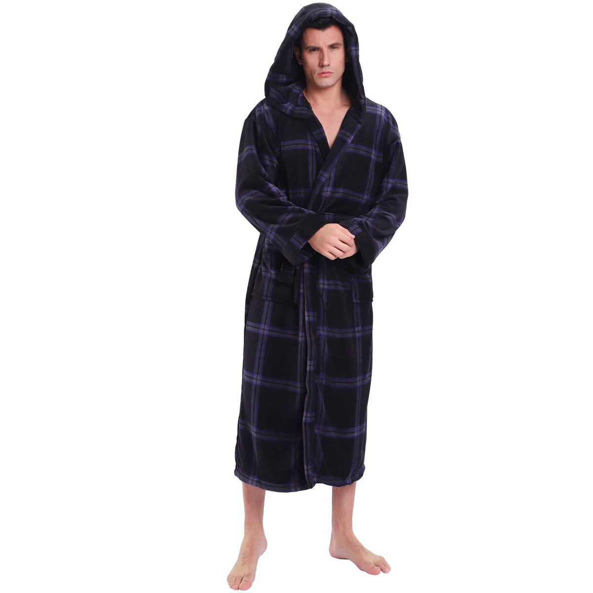 KEMUSI Hooded Herringbone Men's Soft Spa Full Lenght Bathrobe,Comfy Full Length Warm Nightdress