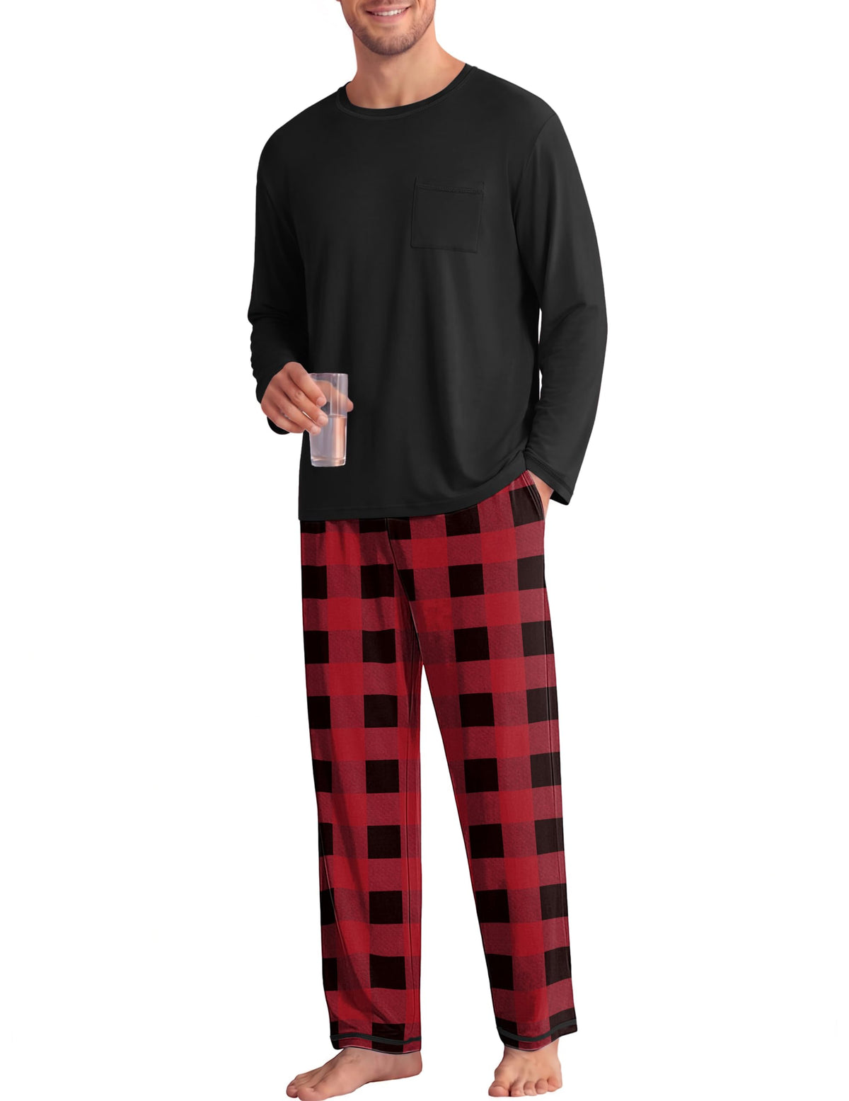 Ekouaer Mens Long Sleeve T-Shirt Pajama Set Soft 2 Piece Lounge Set