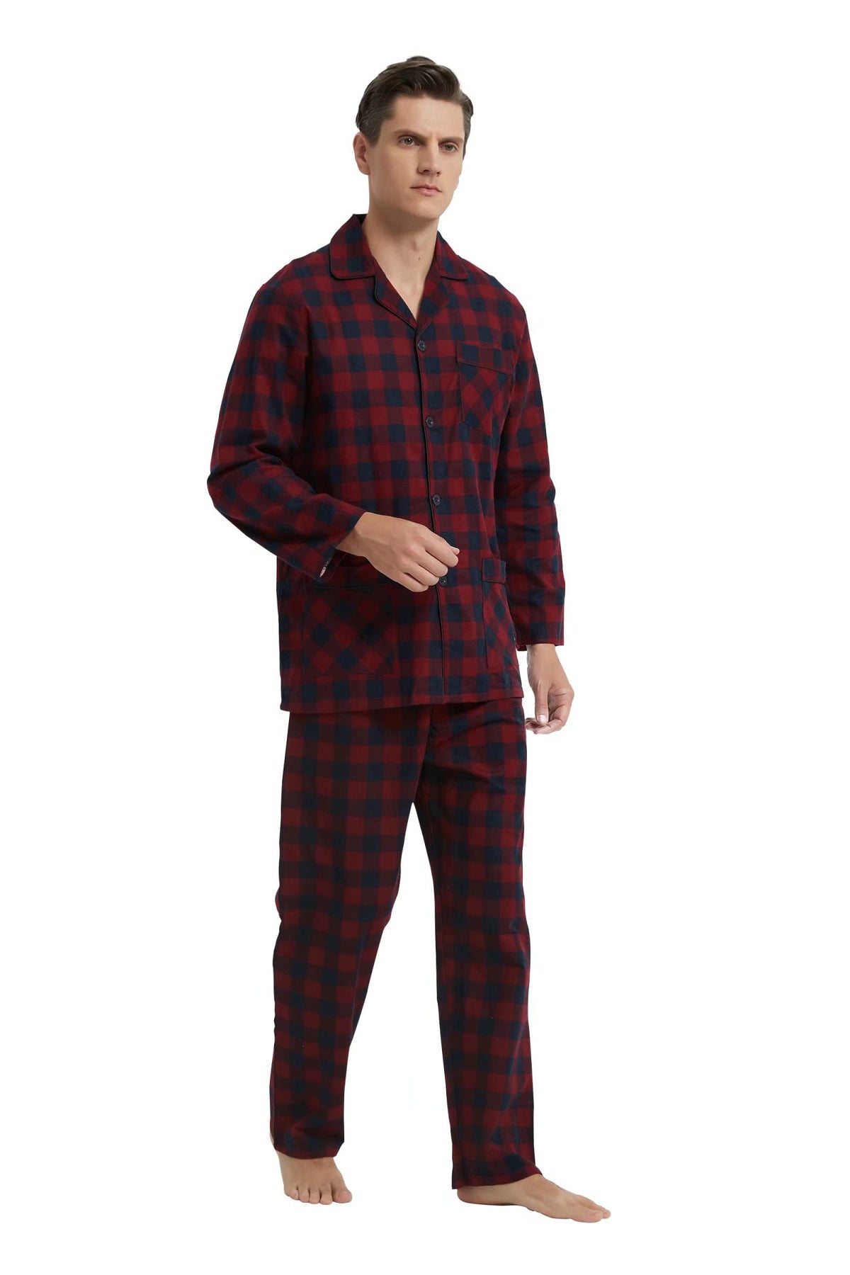GLOBAL Men's Pajamas Sets 100% Cotton Flannel Sleepwear Long-Sleeve top & Bottom