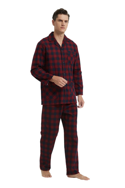 GLOBAL Men's Pajamas Sets 100% Cotton Flannel Sleepwear Long-Sleeve top & Bottom