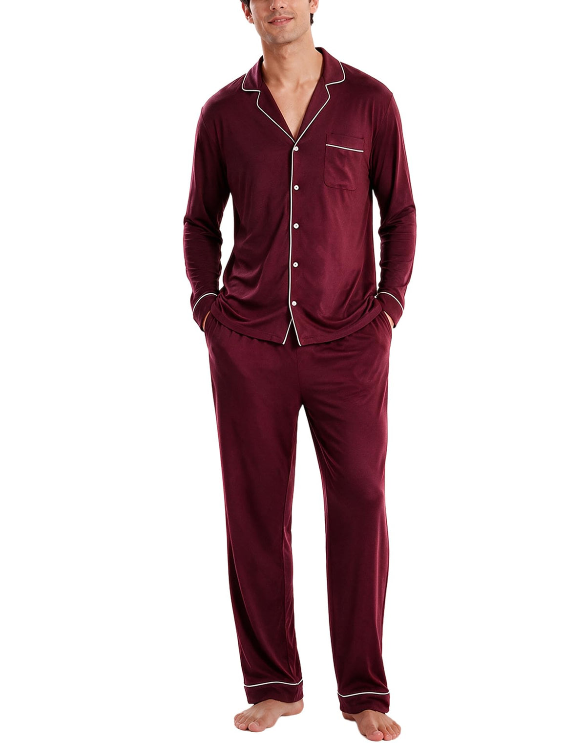 SWOMOG Men Pajamas Set Comfy Modal Pjs Button Down Sleepwear 2 Piece Long Sleeve Lounge Set Soft Nightwear with Pockets
