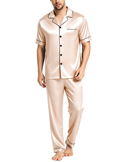 SWOMOG Mens Satin Pajama Set Short Sleeve Classic Sleepwear Button Down Silky Loungewear with Long Pants