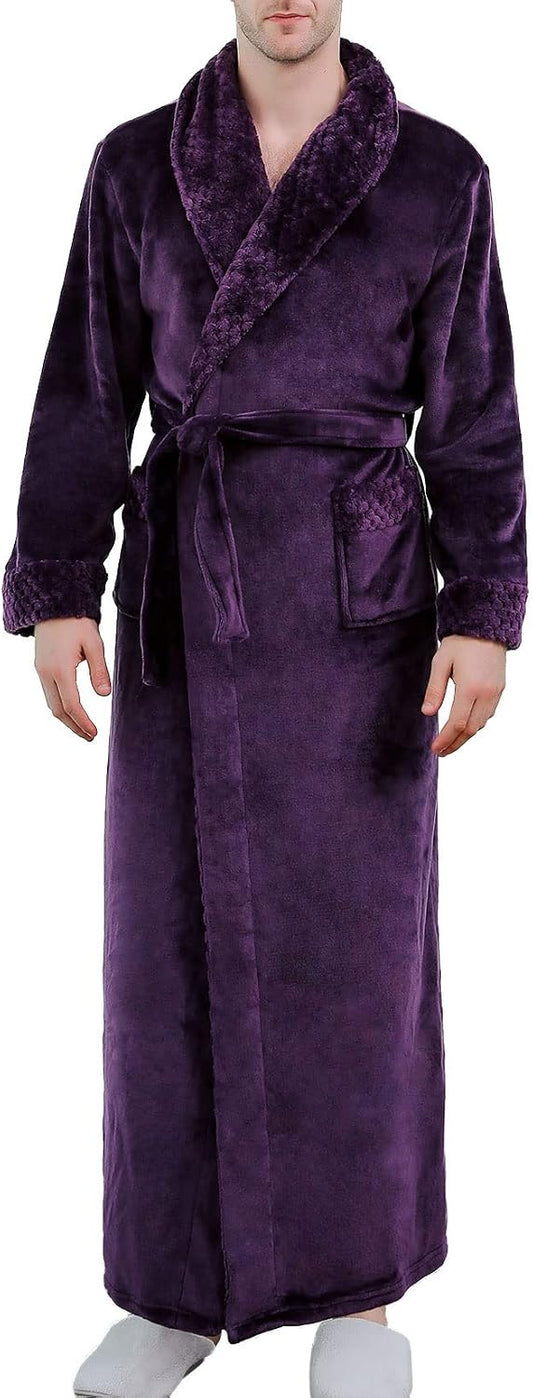 Lu's Chic Men's Long Sleeve Robe House Bathrobe Full Length Fluffy Pocket Winter Bath Hot Tub